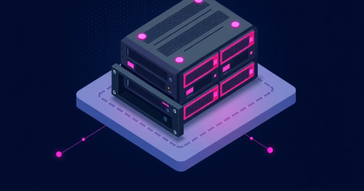 Flat isometric illustration of two stacked black storage arrays with glowing pink bays on a violet platform.