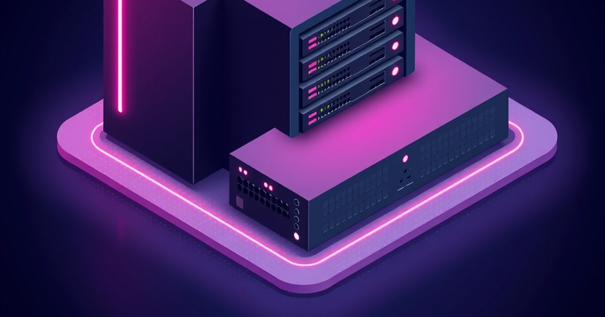 Isometric neon purple scene of a tower server, stacked rack drive units and a network switch on a glowing platform, evoking a homelab SAN storage build