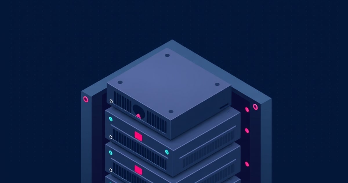 Flat isometric illustration of a dark blue rack holding stacked vented server units with pink and teal front lights, seen from above on a navy field.