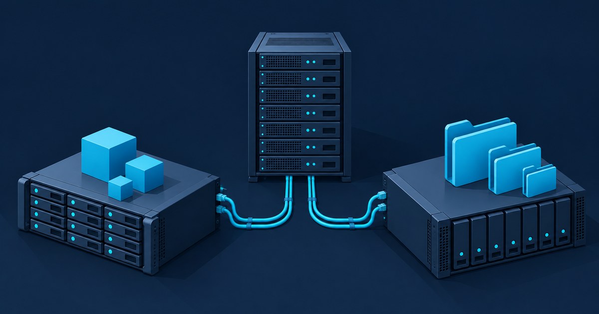 A central server rack is cabled to two storage arrays on a dark navy background, one topped with block cubes and the other with file folders.