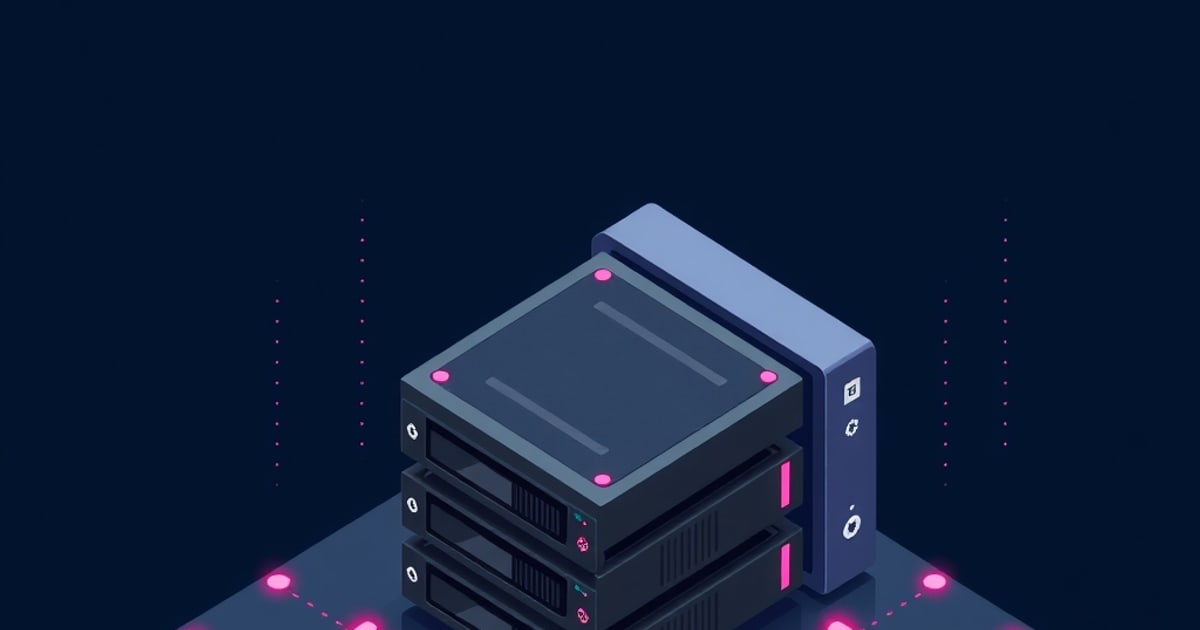 Isometric dark blue illustration of a stacked NVMe storage array with drive bays and glowing pink LEDs on a platform linked by dotted network lines