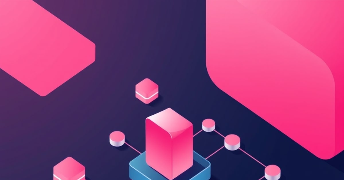 Isometric pink storage block on a blue base linked by thin lines to small disc nodes and cubes on a dark purple background, evoking a SAN topology.