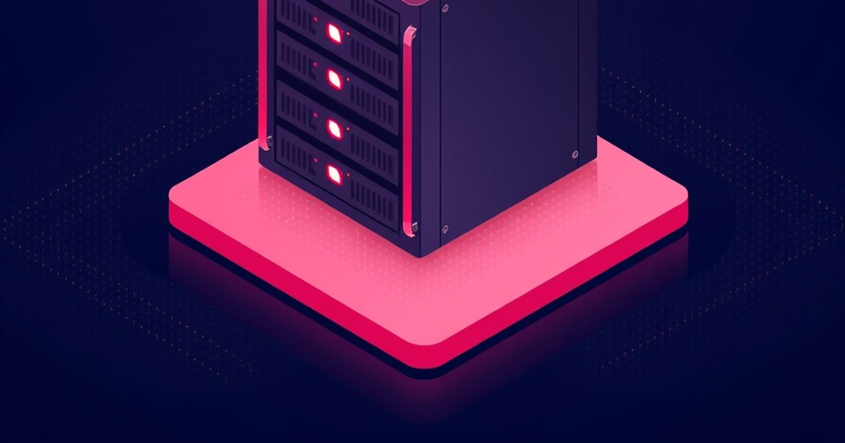 Flat isometric illustration of a dark server chassis with four pink-lit drive bays, standing on a bright pink platform against a navy dotted background.