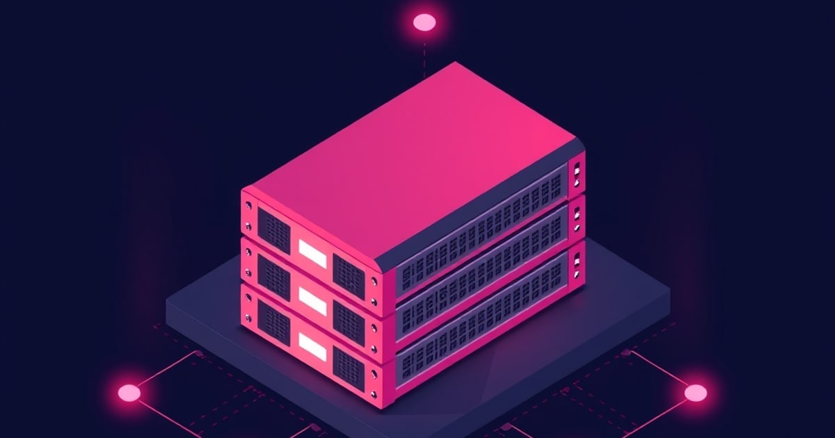Flat isometric illustration of a hot pink three-unit server stack with blank white label plates and mesh vents on a grey pad with pink link nodes.