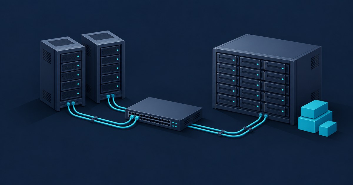 Two server towers and a disk array connect through a network switch with glowing cyan cables in a dark blue 3D SAN scene.